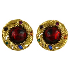 Yves Saint Laurent YSL Vintage Red Cabochon Jewelled Clip-On Earrings