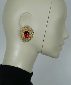 YVES SAINT LAURENT YSL Vintage Red Cabochon Textured Clip-On Earrings