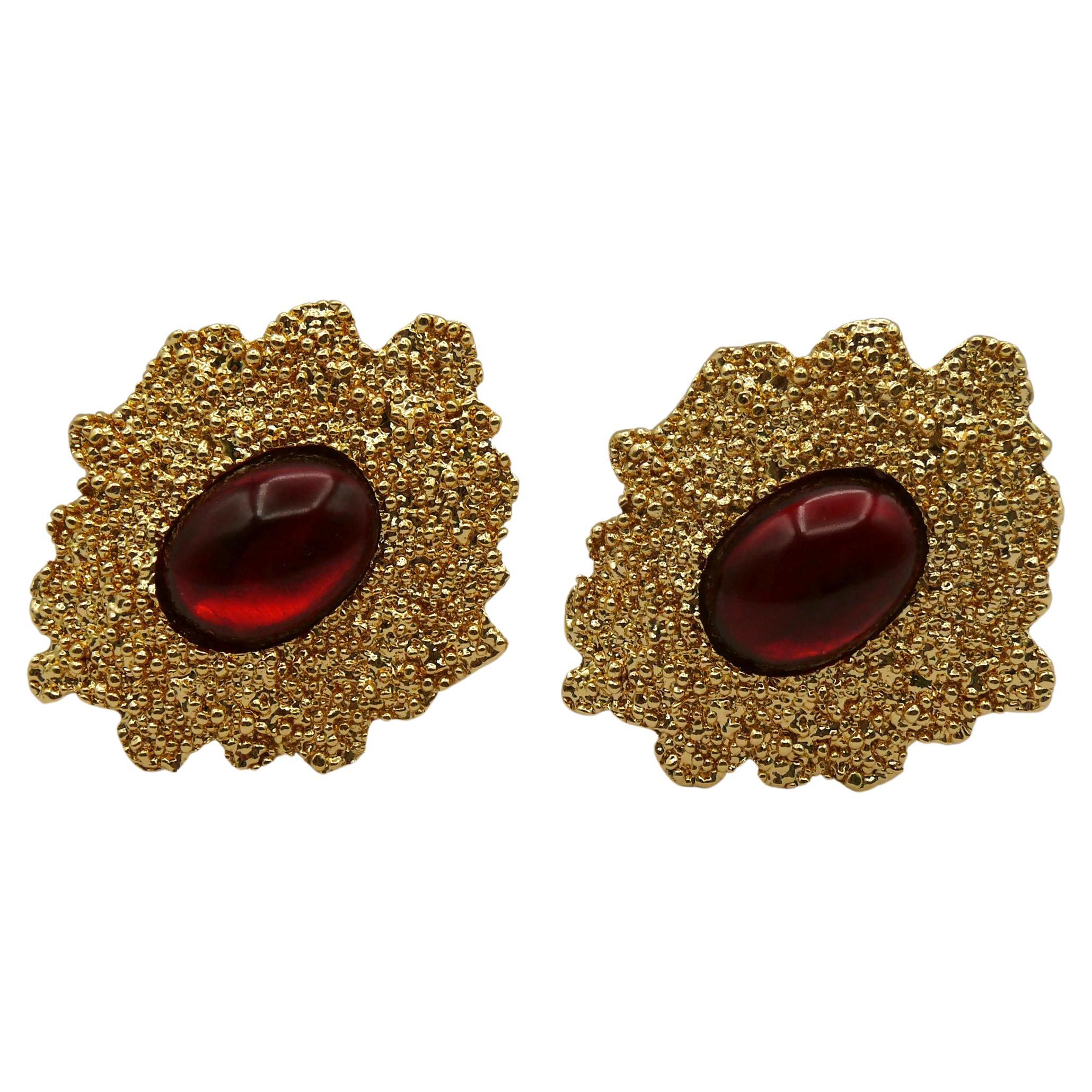 YVES SAINT LAURENT YSL Vintage Red Cabochon Textured Clip-On Earrings For Sale