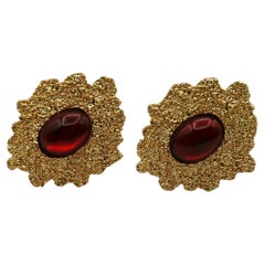 YVES SAINT LAURENT YSL Vintage Red Cabochon Textured Clip-On Earrings