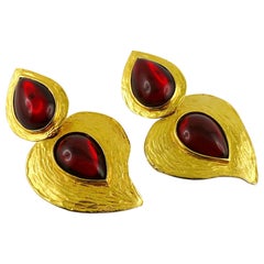 Yves Saint Laurent YSL Vintage Red Glass Heart Dangling Earrings