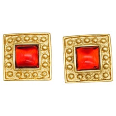 Yves Saint Laurent YSL Vintage Red Gripoix Large Ruby Square Cube Dots Earrings