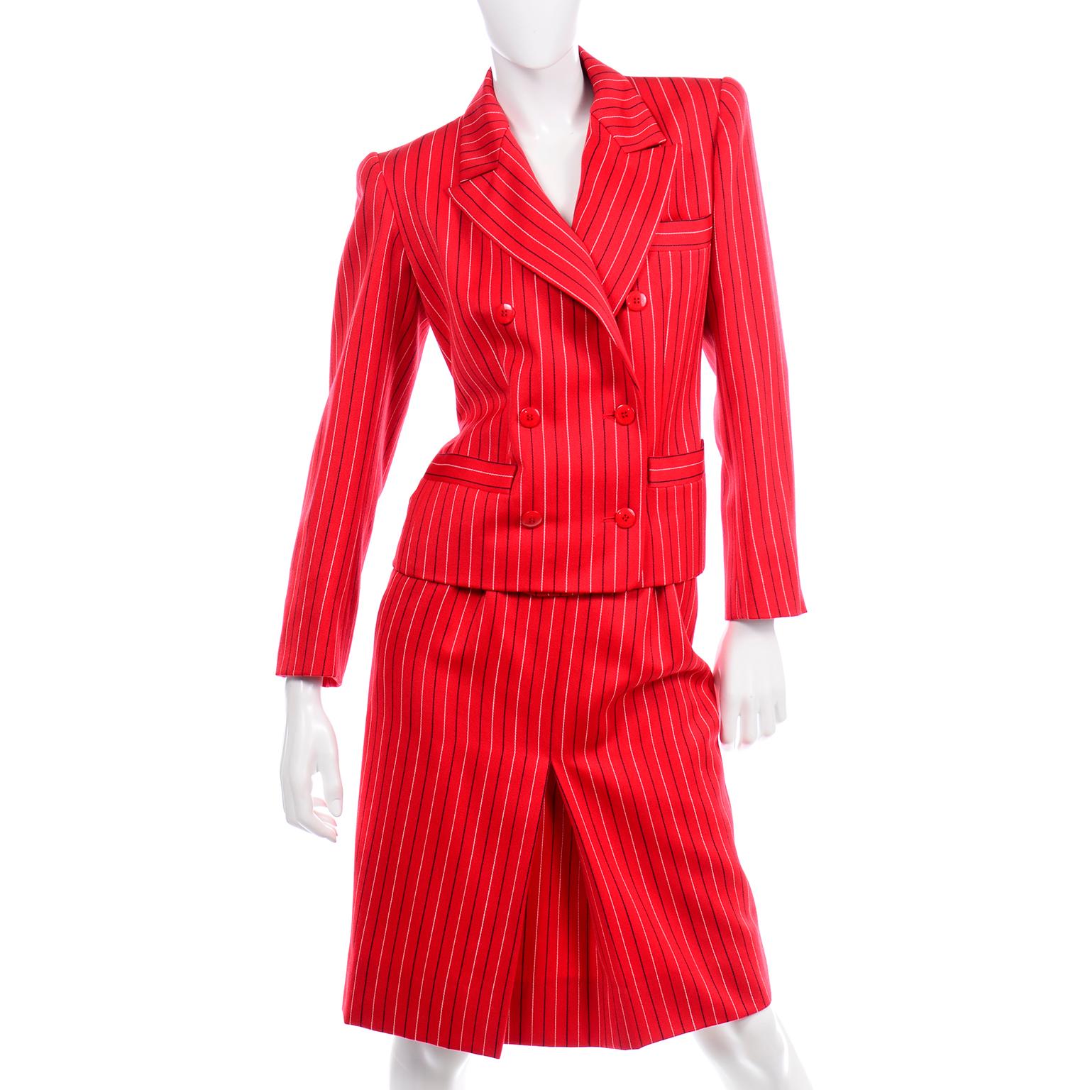 Yves Saint Laurent YSL Vintage Red Pinstripe Skirt and Blazer Jacket