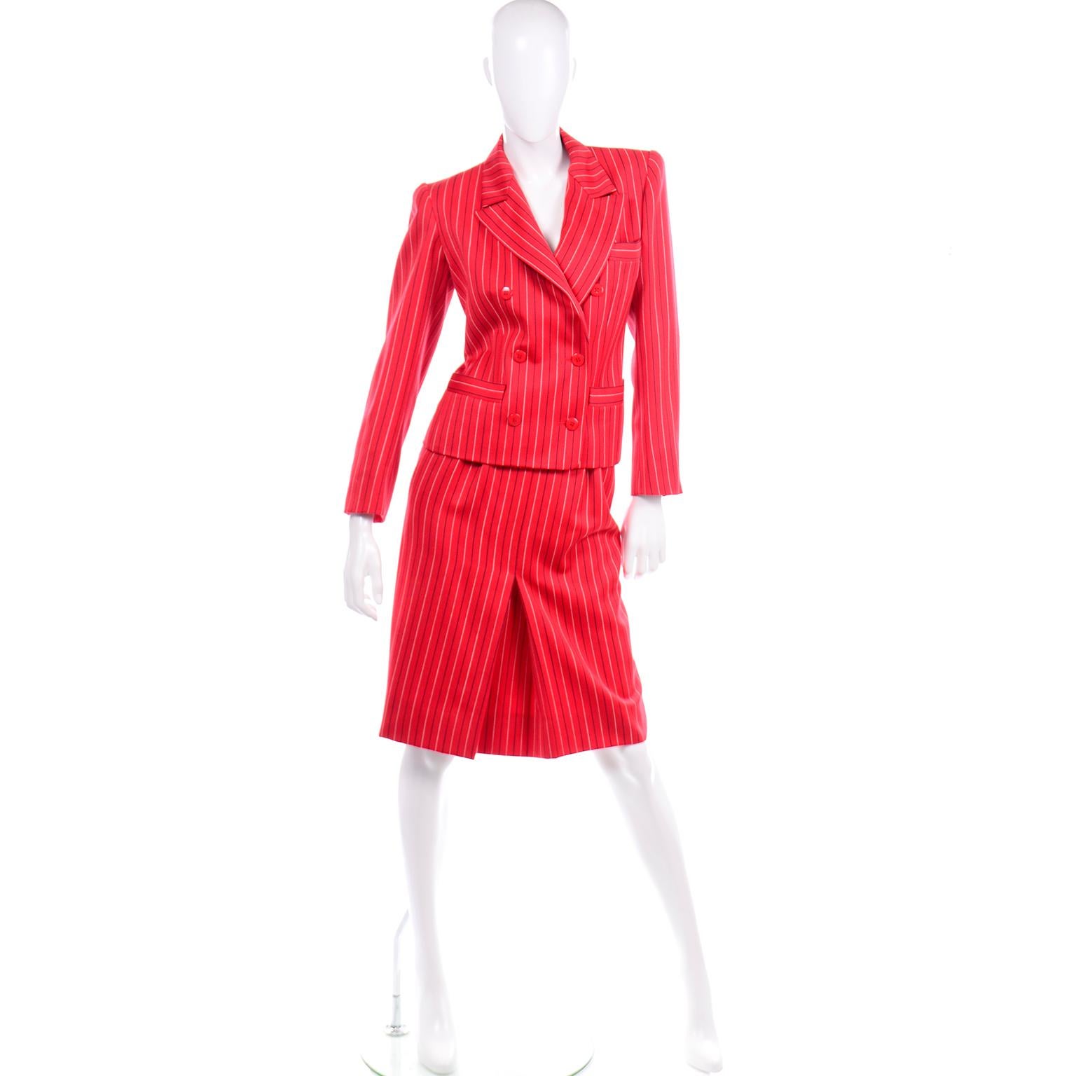 Yves Saint Laurent YSL Vintage Red Pinstripe Skirt & Blazer Jacket Suit  In Excellent Condition In Portland, OR