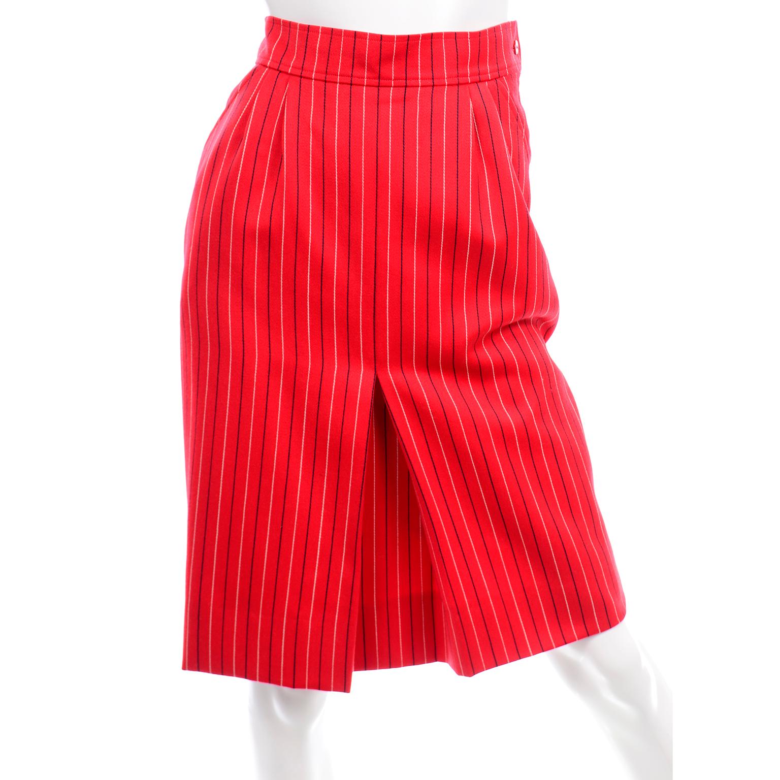 Women's Yves Saint Laurent YSL Vintage Red Pinstripe Skirt & Blazer Jacket Suit 