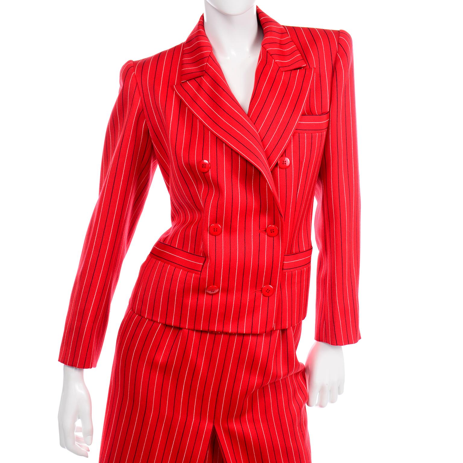 Yves Saint Laurent YSL Vintage Red Pinstripe Skirt & Blazer Jacket Suit  2