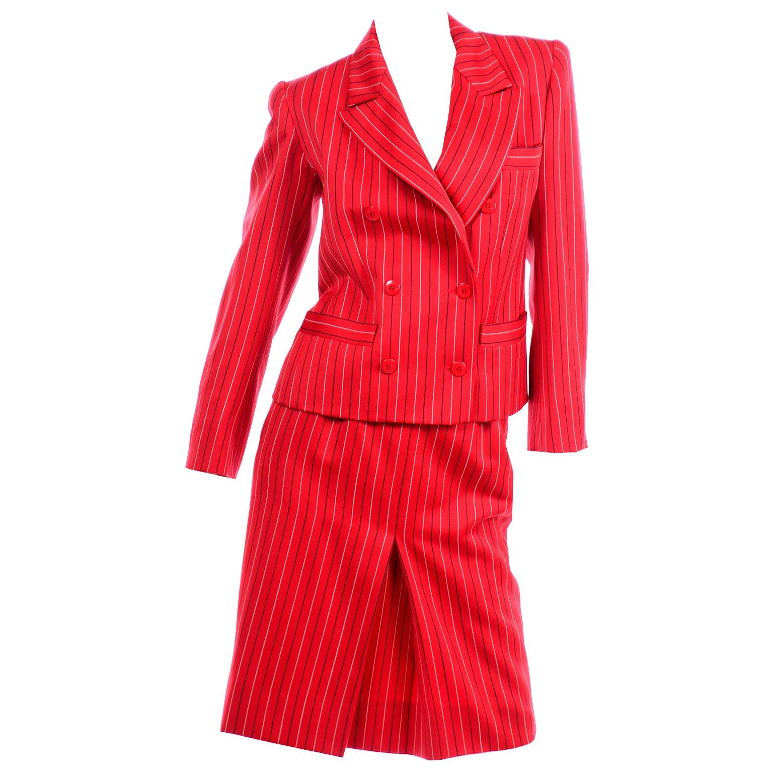 Yves Saint Laurent YSL Vintage Red Pinstripe Skirt & Blazer Jacket Suit 