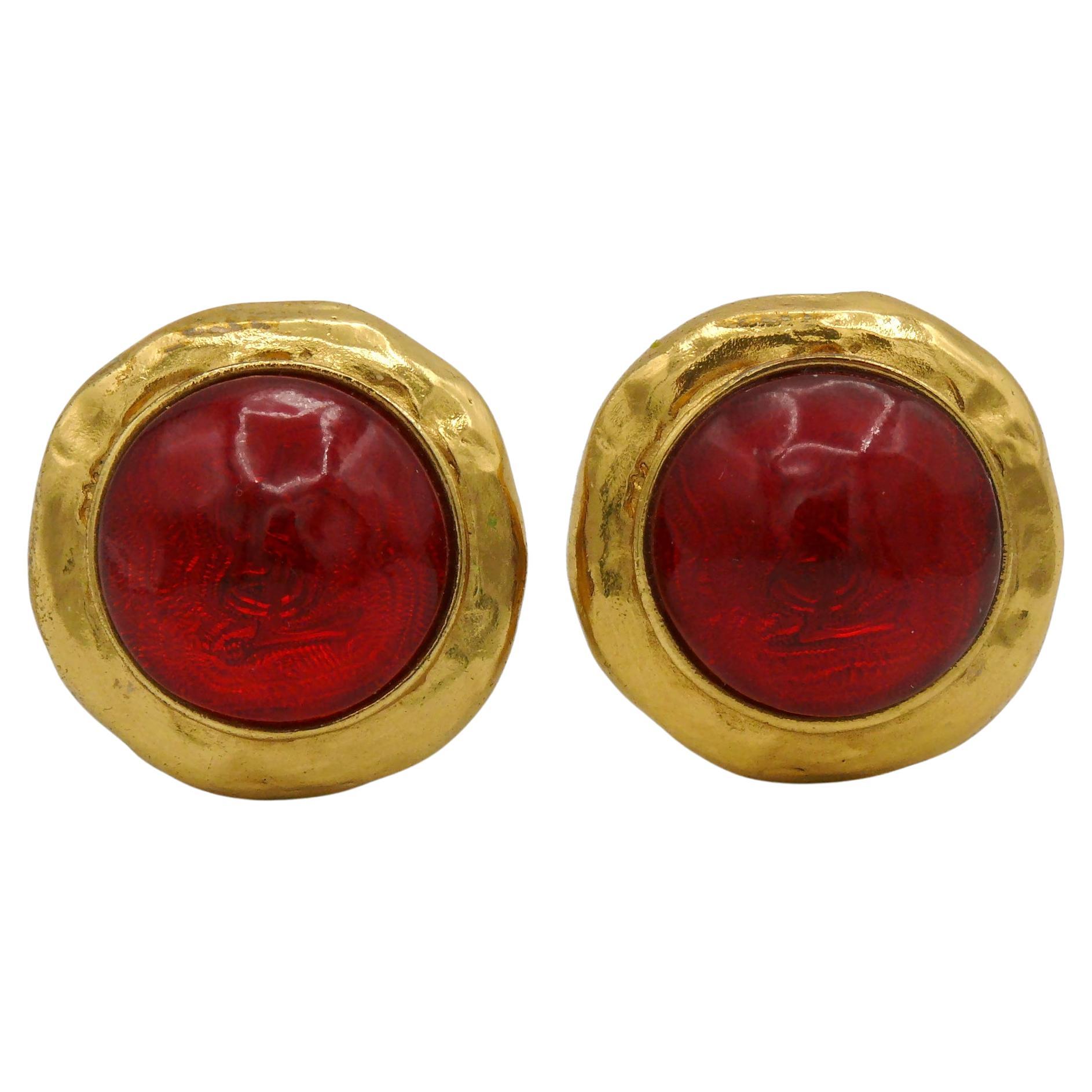 Yves Saint Laurent YSL Vintage Red Resin Cabochon Logo Clip-On Earrings For Sale