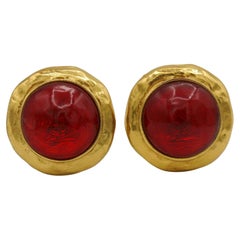 Yves Saint Laurent YSL Vintage Red Resin Cabochon Logo Clip-On Earrings