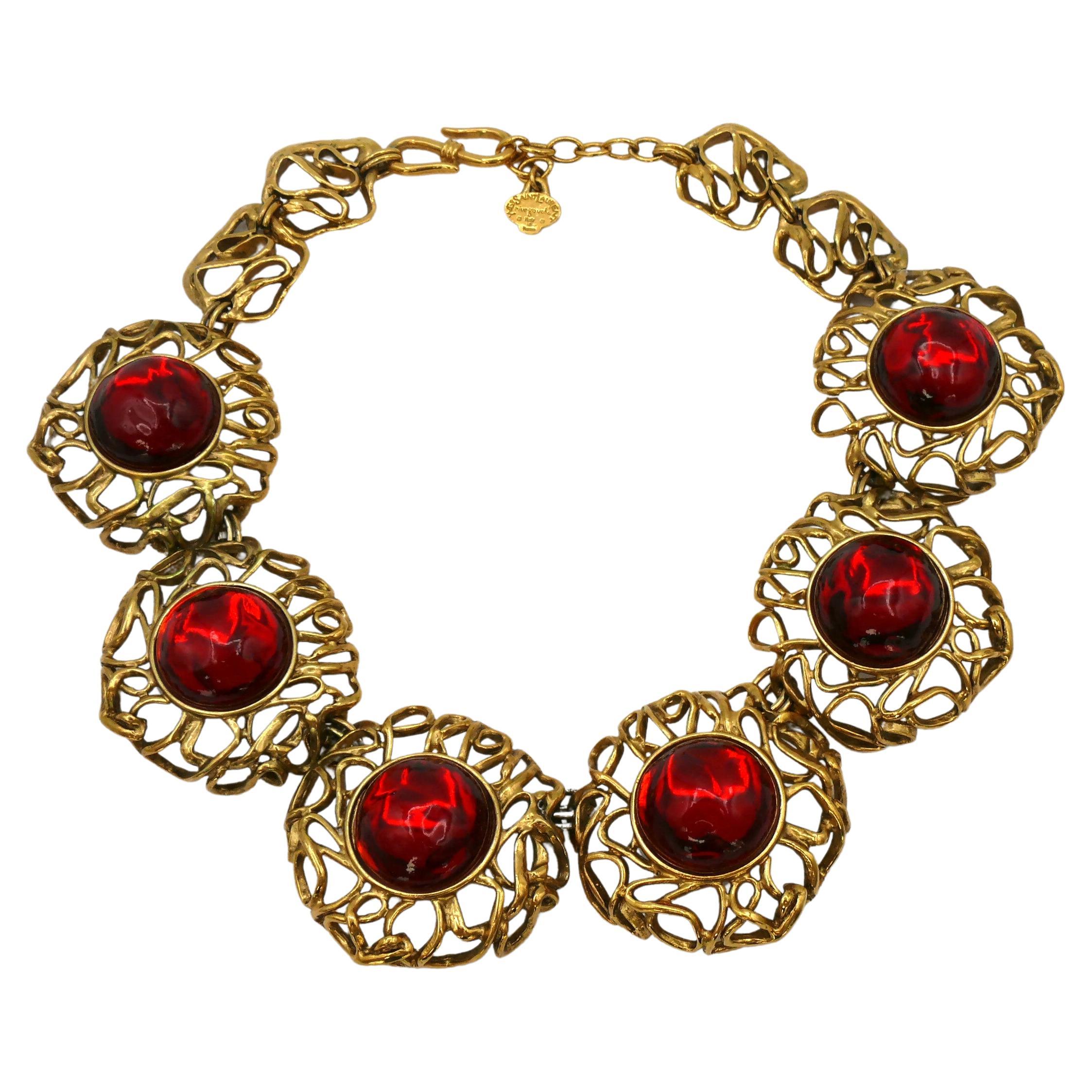 YVES SAINT LAURENT YSL Vintage Red Resin Cabochons Necklace For Sale