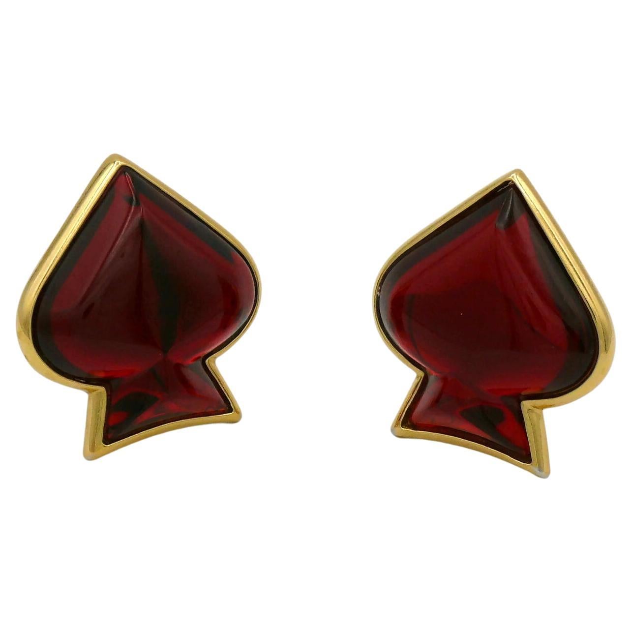 YVES SAINT LAURENT YSL Vintage Red Spade Clip-On Earrings For Sale