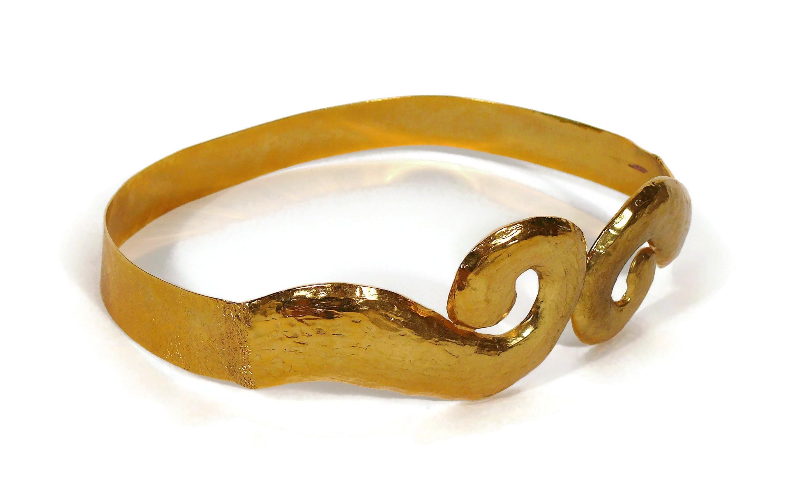 Brown Yves Saint Laurent YSL Vintage Rigid Gold Toned Arabesque Hammered Belt