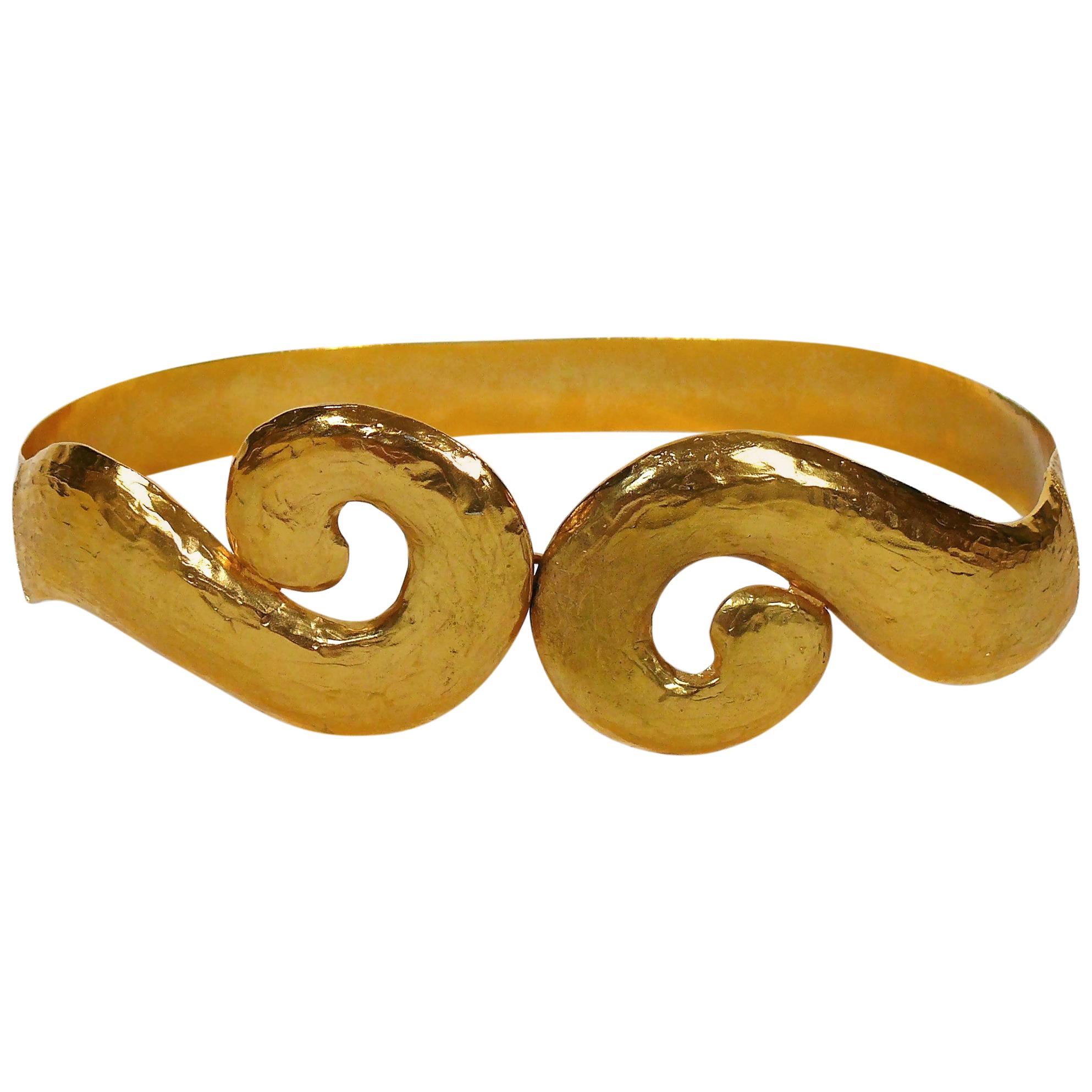 Yves Saint Laurent YSL Vintage Rigid Gold Toned Arabesque Hammered Belt