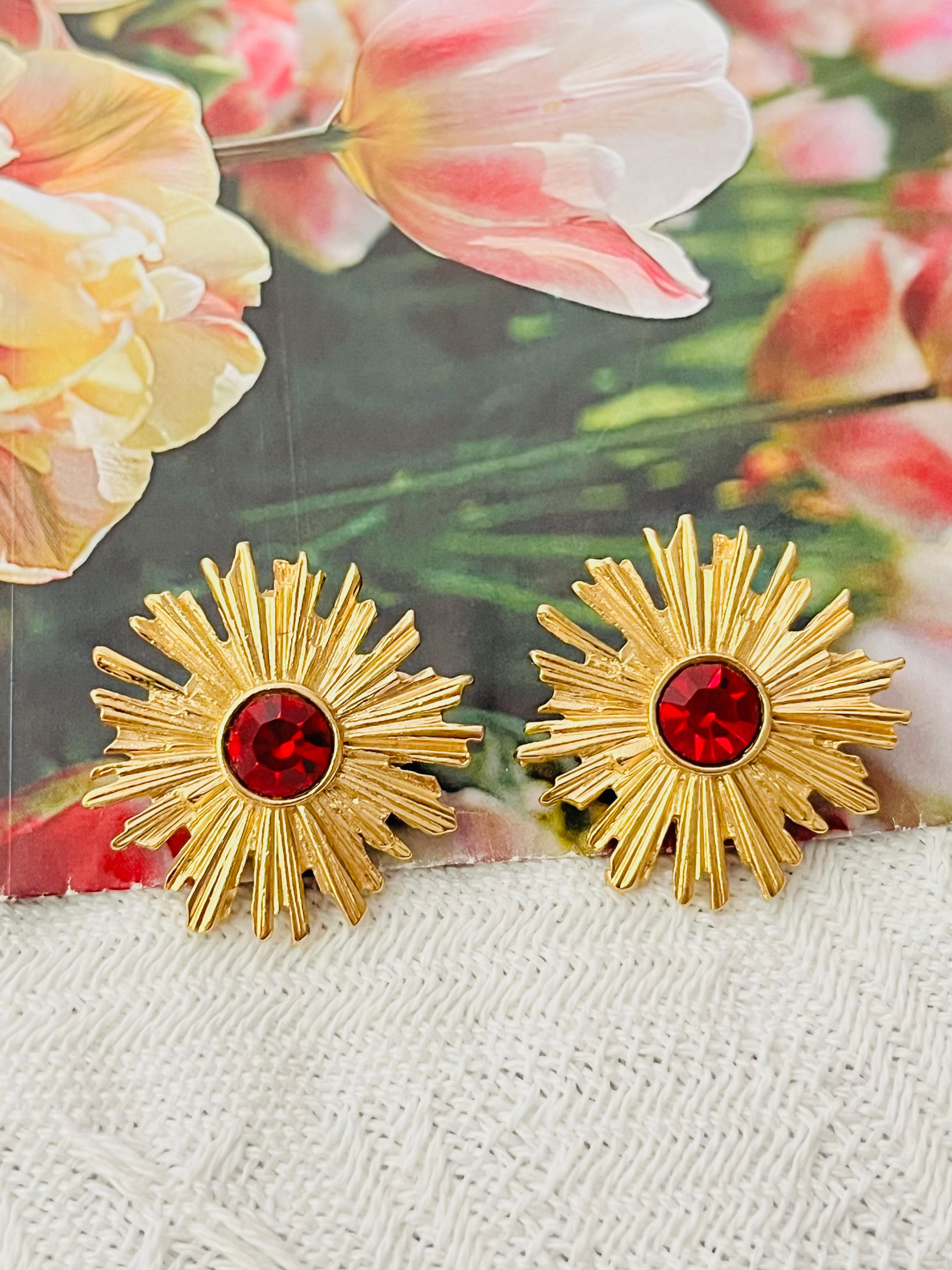 Art Deco Yves Saint Laurent YSL Vintage Ruby Crystal Blossom Flower Sunburst Earrings For Sale