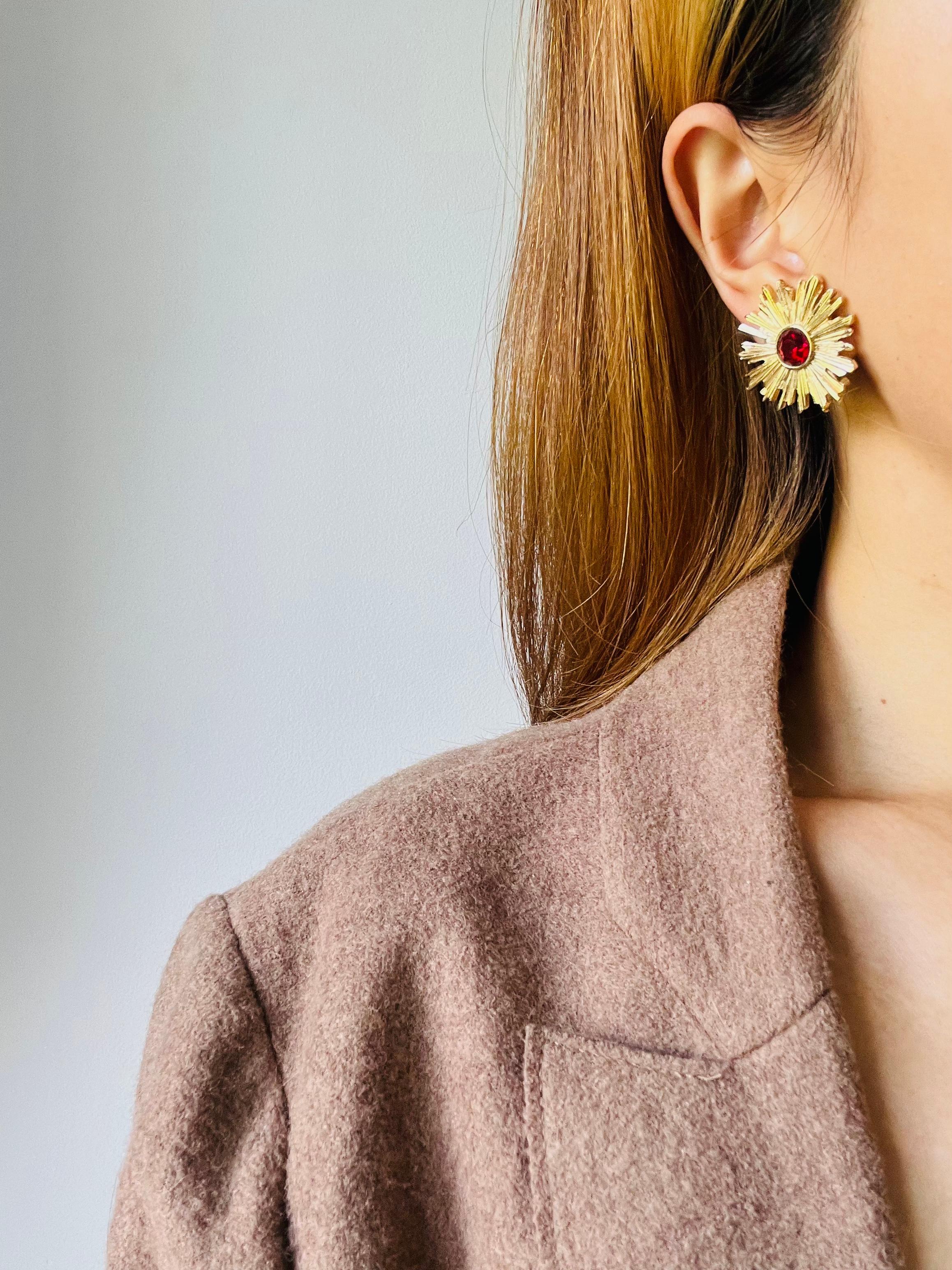 Yves Saint Laurent YSL Vintage Ruby Crystal Blossom Flower Sunburst Earrings For Sale 1
