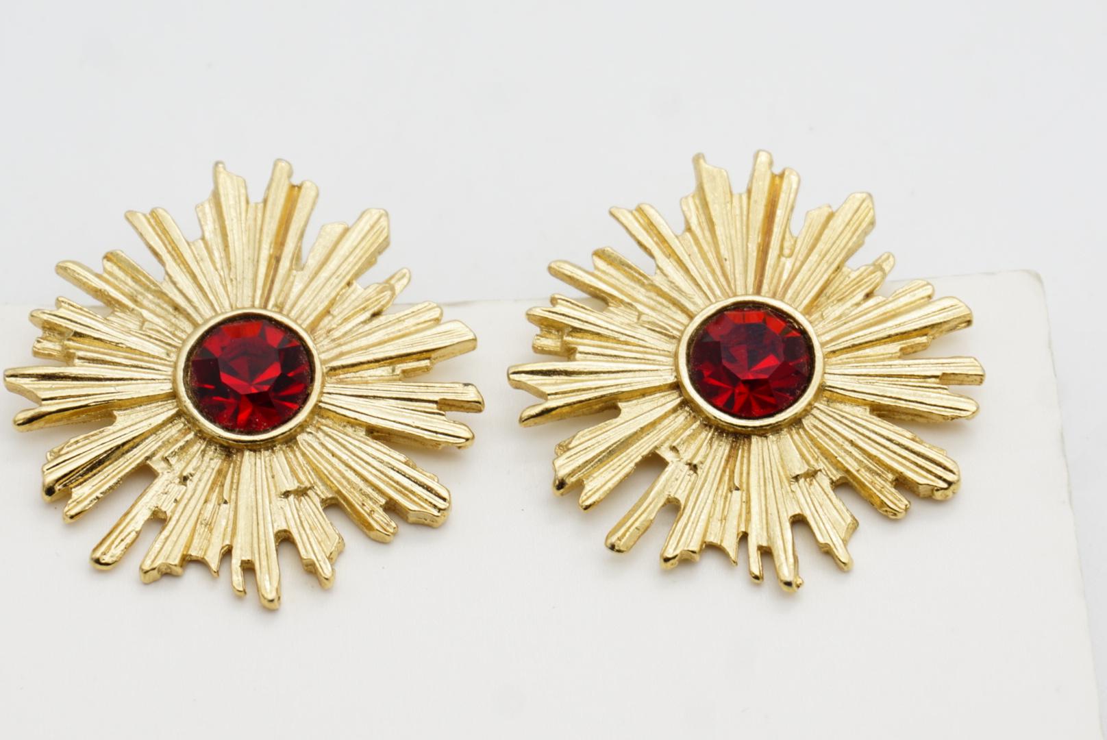 Yves Saint Laurent YSL Vintage Ruby Crystal Blossom Flower Sunburst Earrings For Sale 4