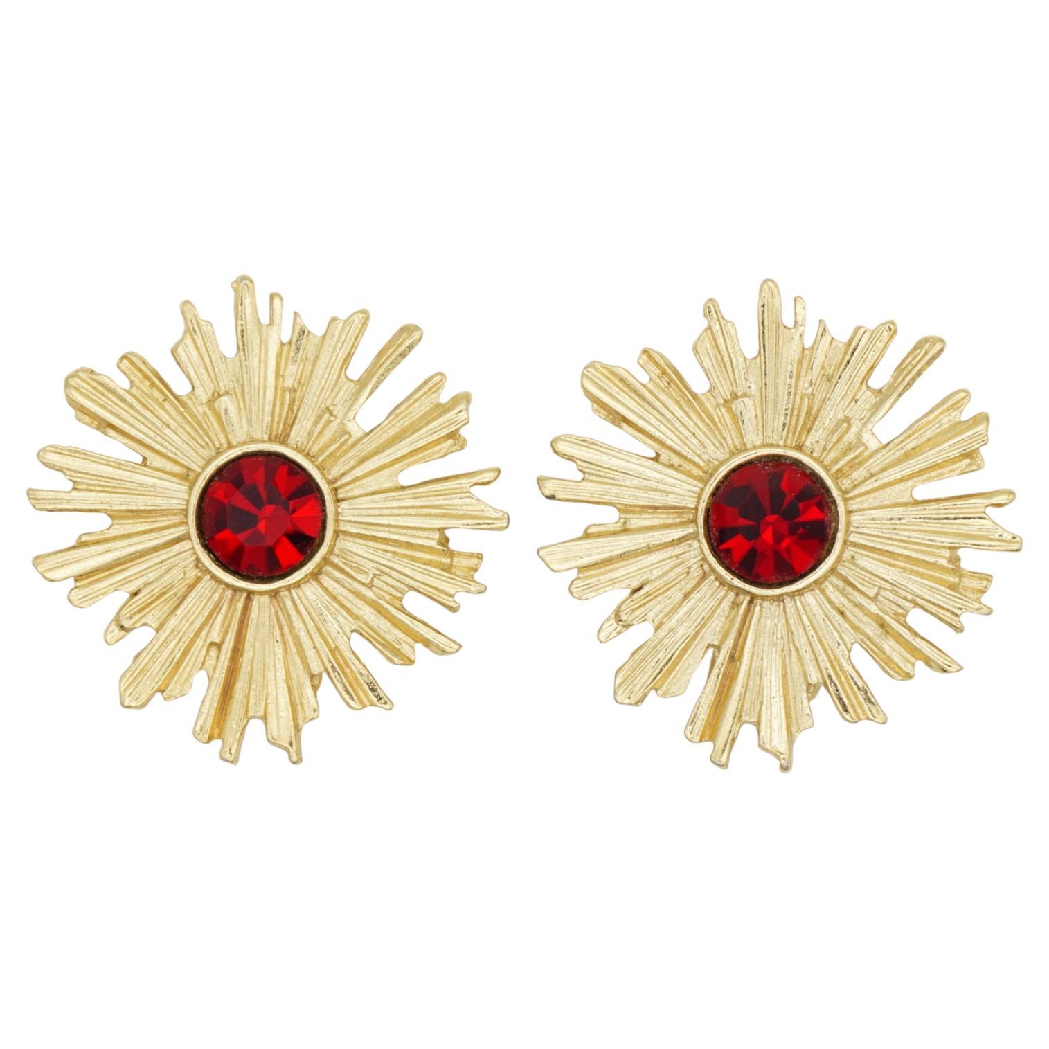 Yves Saint Laurent YSL Vintage Ruby Crystal Blossom Flower Sunburst Earrings For Sale