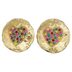 Yves Saint Laurent YSL Vintage Ruby Emerald Fuchsia Citrine Heart Round Earrings