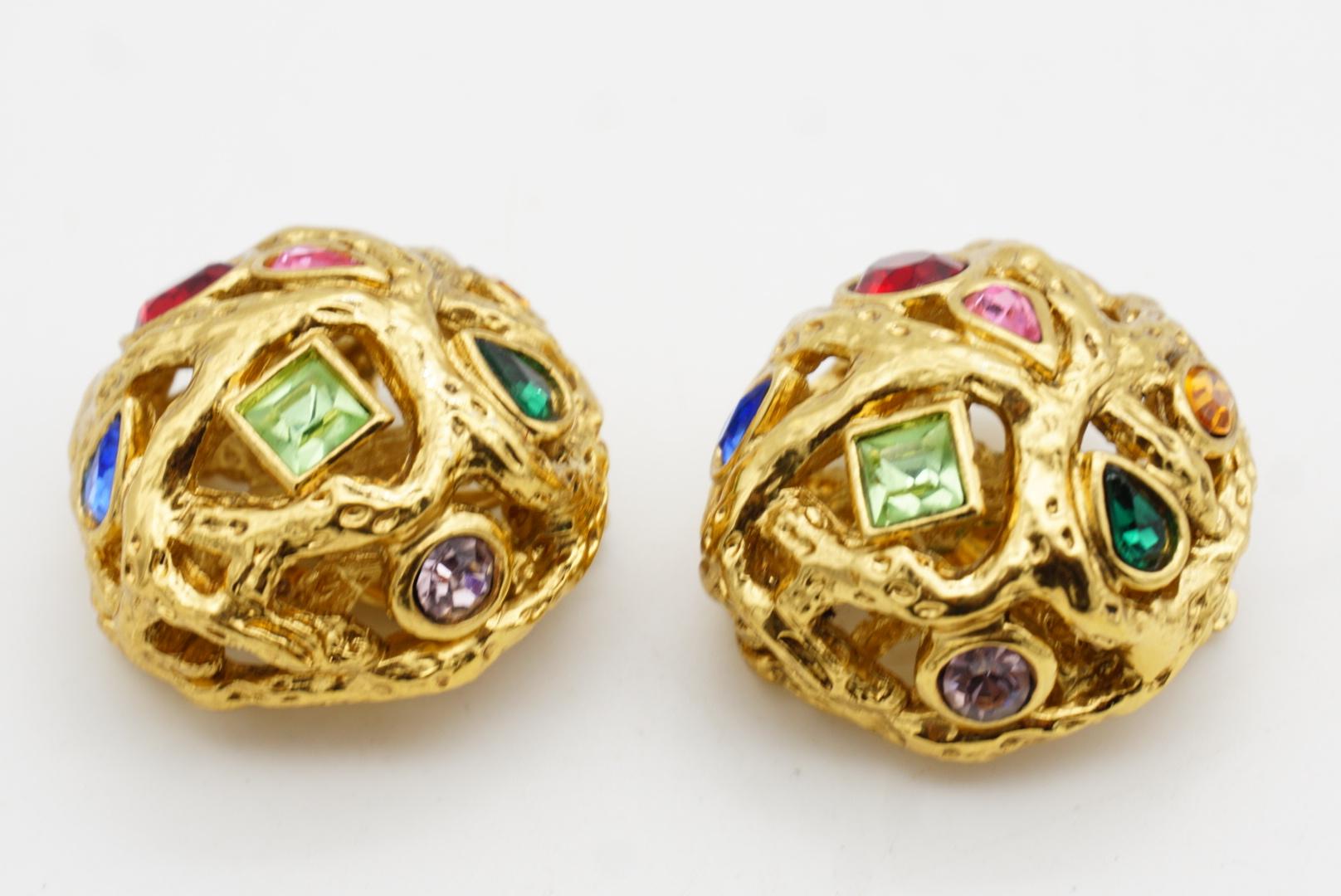 Yves Saint Laurent YSL Vintage Ruby Emerald Sapphire Dome Openwork Gold Earrings For Sale 6