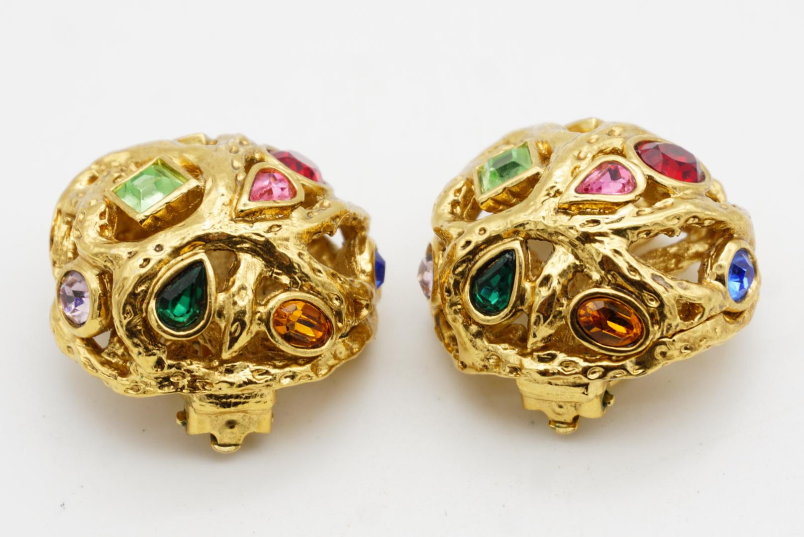 Yves Saint Laurent YSL Vintage Ruby Emerald Sapphire Dome Openwork Gold Earrings For Sale 7