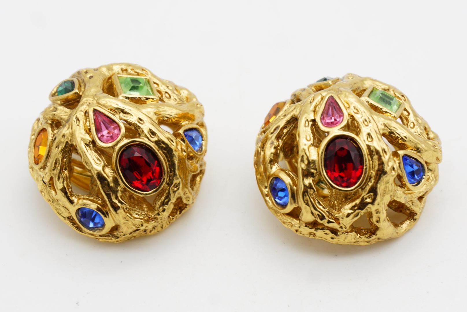 Yves Saint Laurent YSL Vintage Ruby Emerald Sapphire Dome Openwork Gold Earrings For Sale 8
