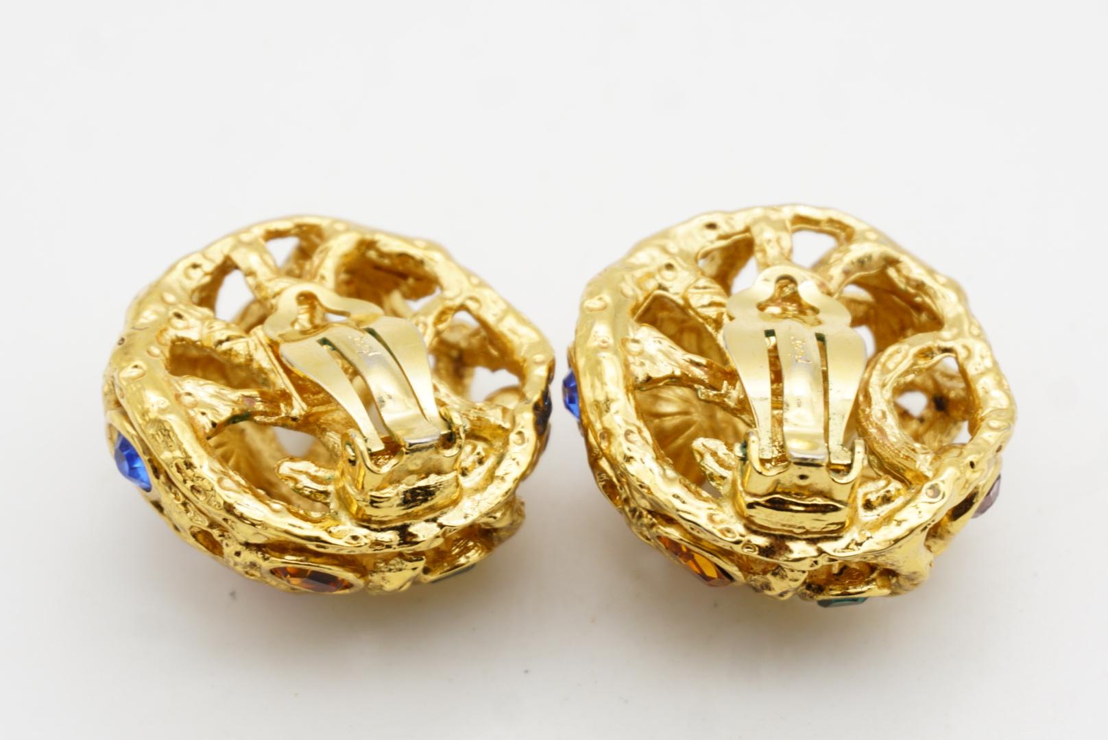 Yves Saint Laurent YSL Vintage Ruby Emerald Sapphire Dome Openwork Gold Earrings For Sale 10