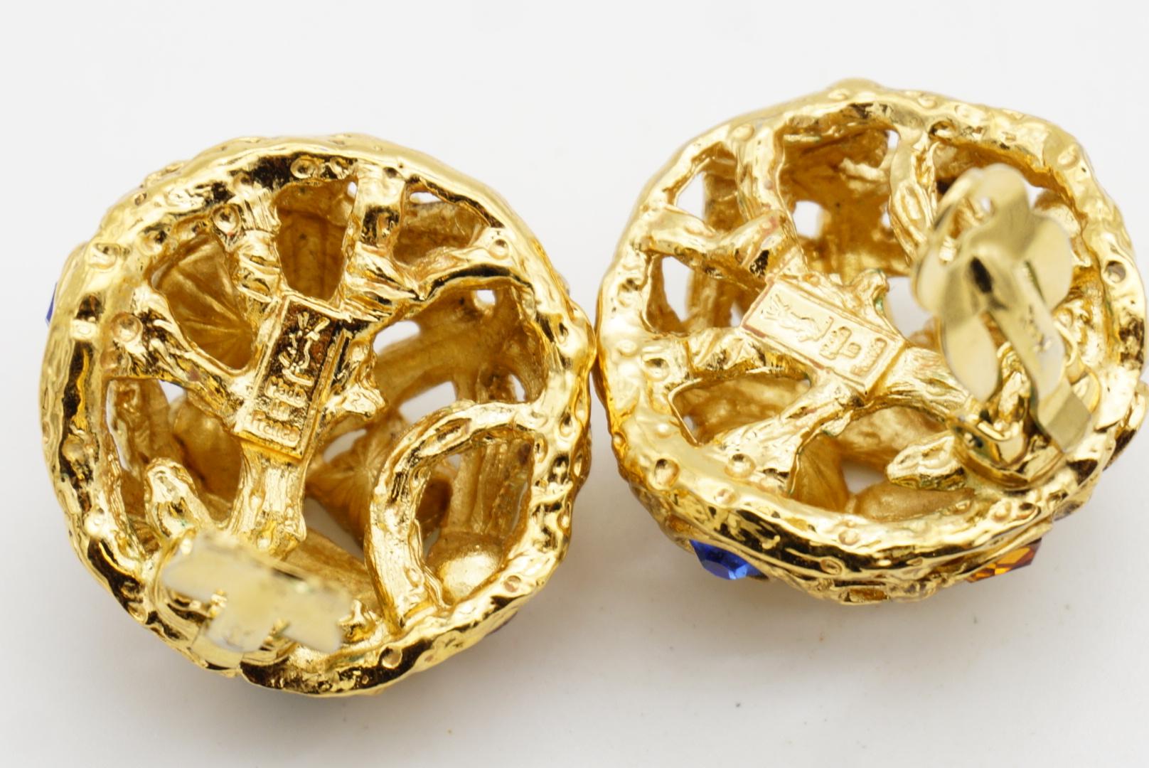 Yves Saint Laurent YSL Vintage Ruby Emerald Sapphire Dome Openwork Gold Earrings For Sale 11