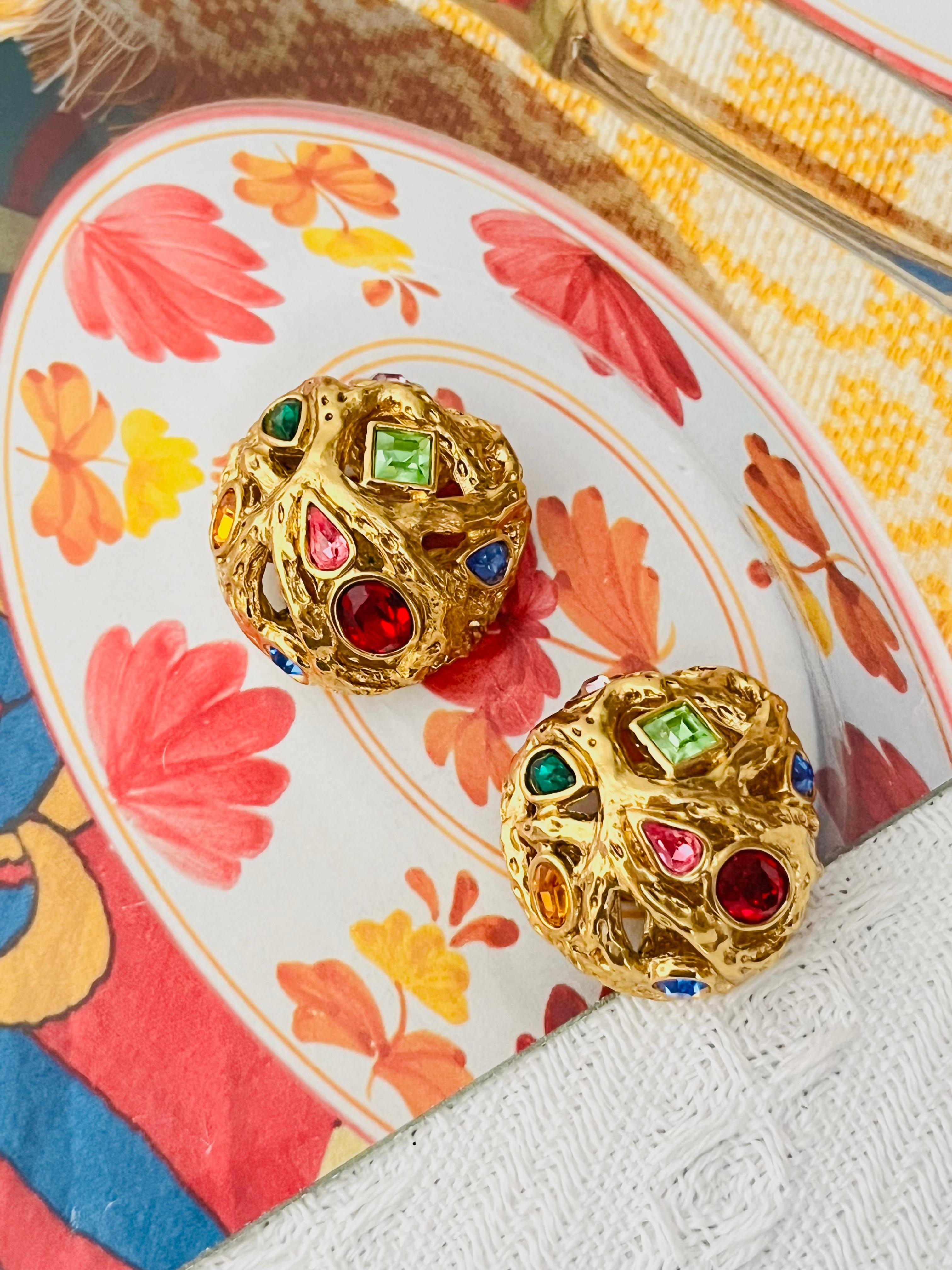 Art Deco Yves Saint Laurent YSL Vintage Ruby Emerald Sapphire Dome Openwork Gold Earrings For Sale