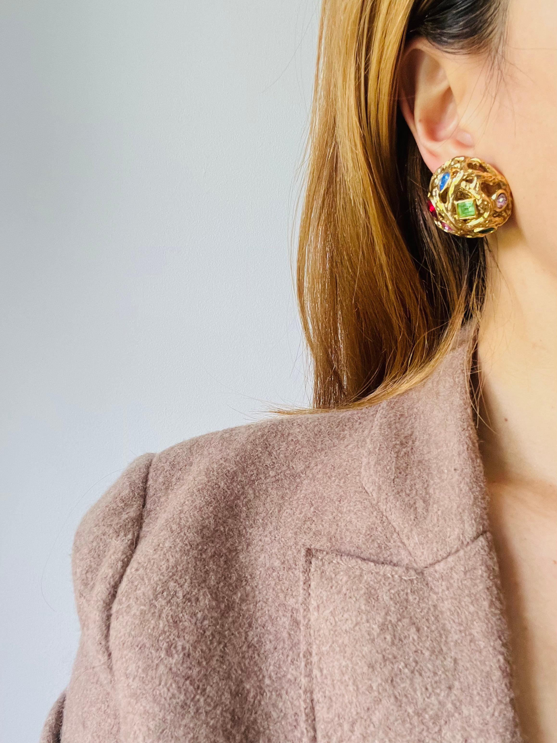 Yves Saint Laurent YSL Vintage Ruby Emerald Sapphire Dome Openwork Gold Earrings For Sale 1