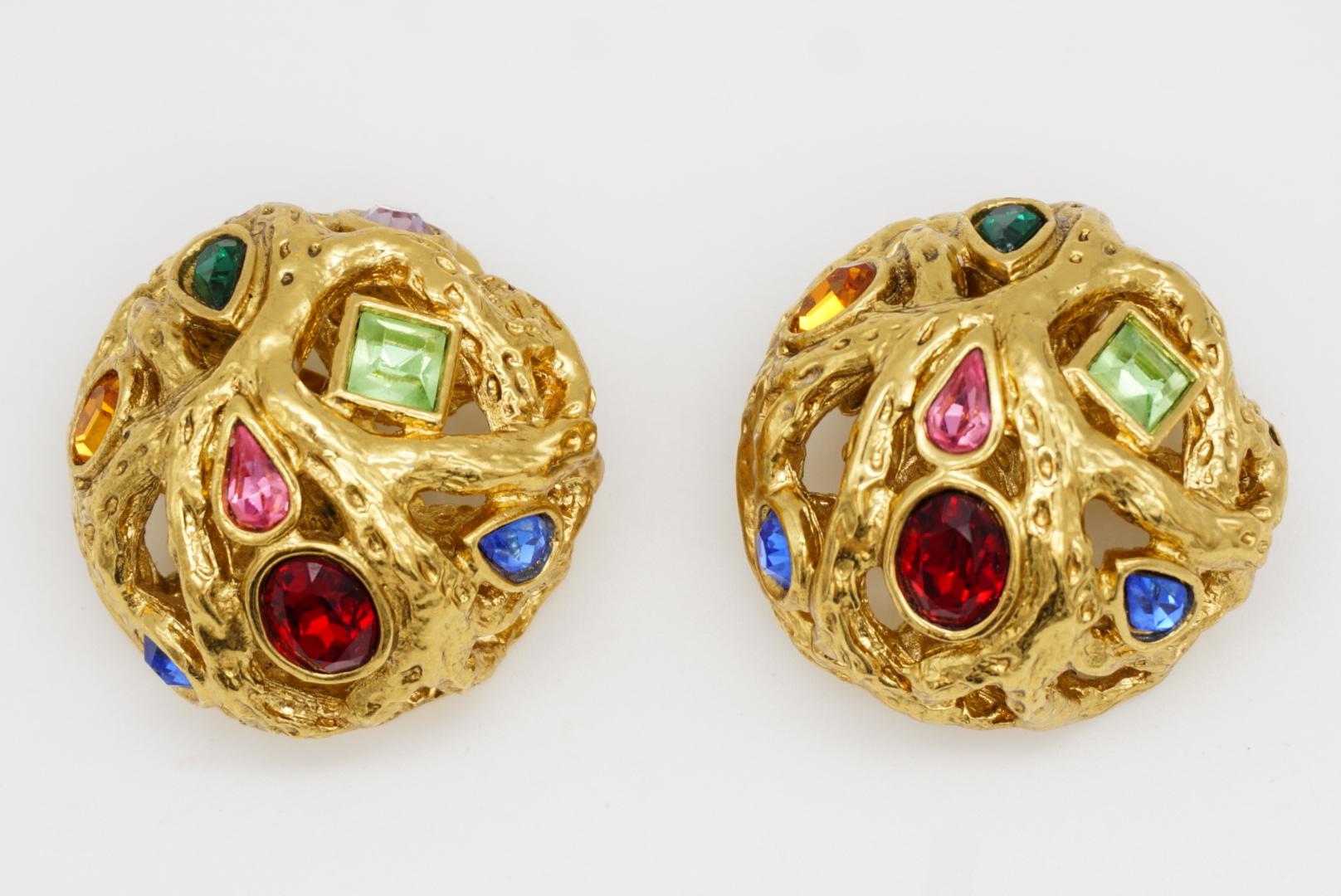 Yves Saint Laurent YSL Vintage Ruby Emerald Sapphire Dome Openwork Gold Earrings For Sale 4