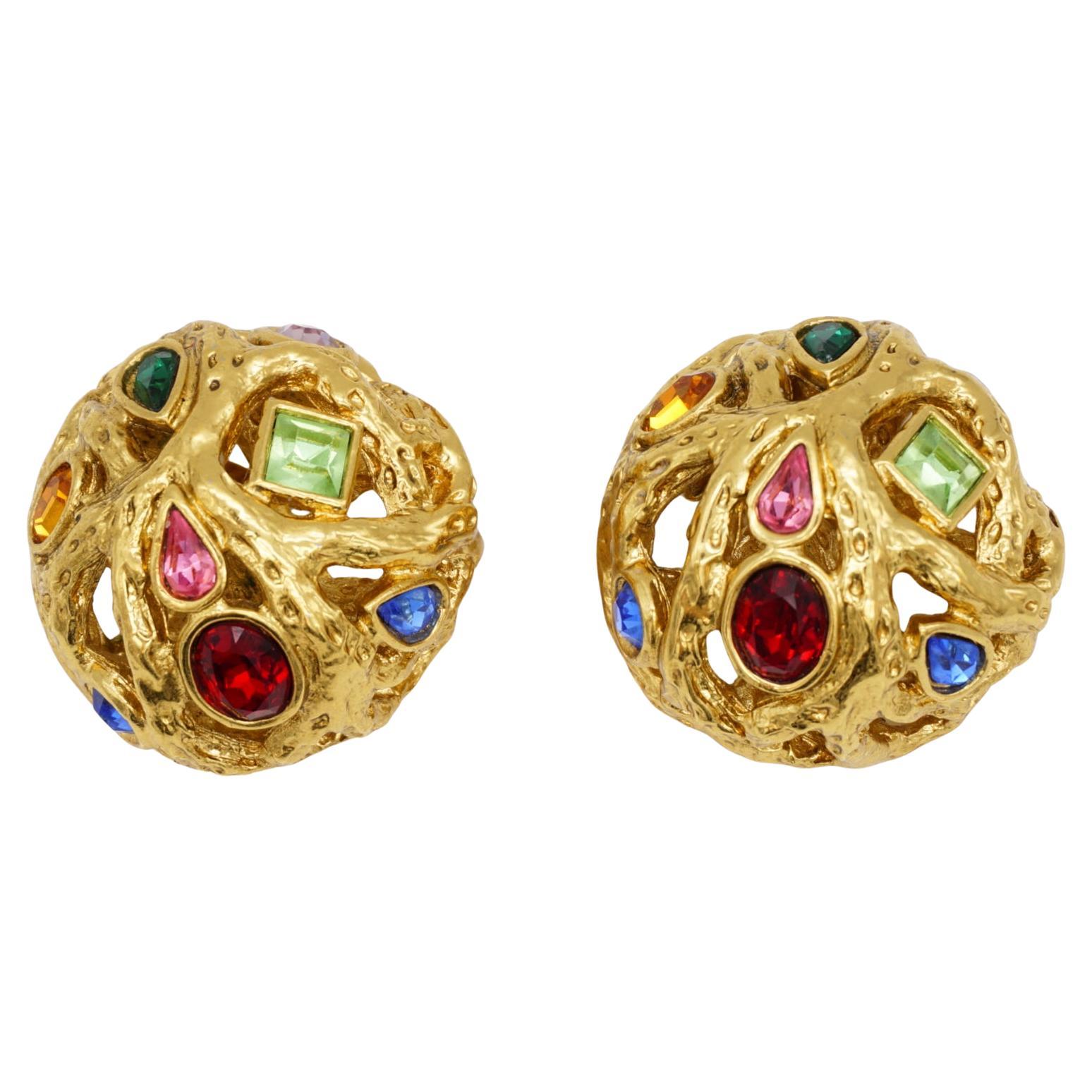 Yves Saint Laurent YSL Vintage Ruby Emerald Sapphire Dome Openwork Gold Earrings For Sale