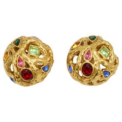 Yves Saint Laurent YSL Vintage Ruby Emerald Sapphire Dome Openwork Gold Earrings