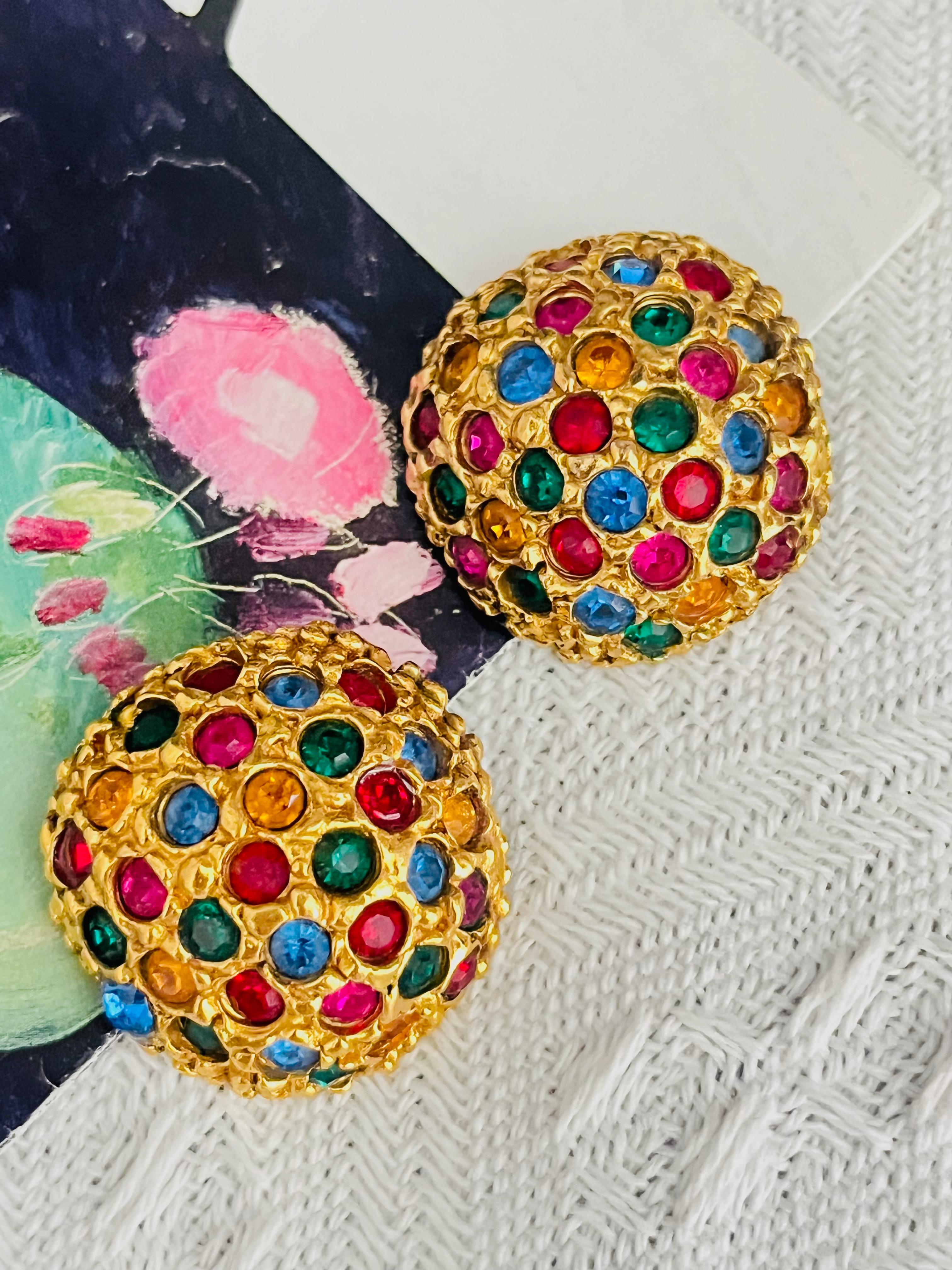 Yves Saint Laurent YSL Vintage Ruby Emerald Sapphire Fuchsia Circle Earrings In Good Condition For Sale In Wokingham, England
