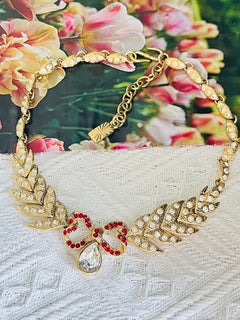 Yves Saint Laurent YSL Vintage Ruby Love Feather Heart Bow Crystals Necklace