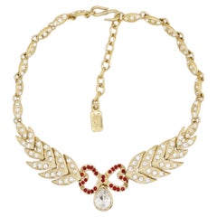 Yves Saint Laurent YSL Vintage Ruby Love Feather Heart Bow Crystals Necklace