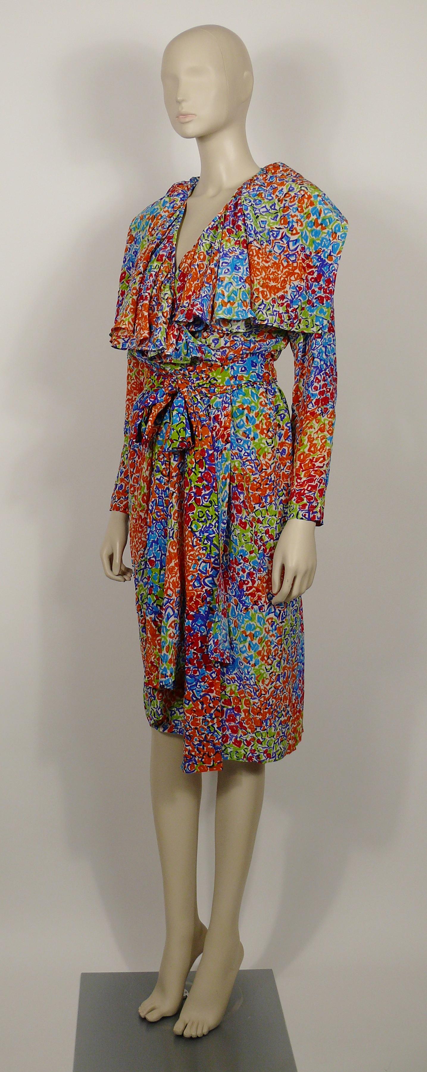 Brown Yves Saint Laurent YSL Vintage S/S 1989 Abstract Floral Print Wrap Dress For Sale