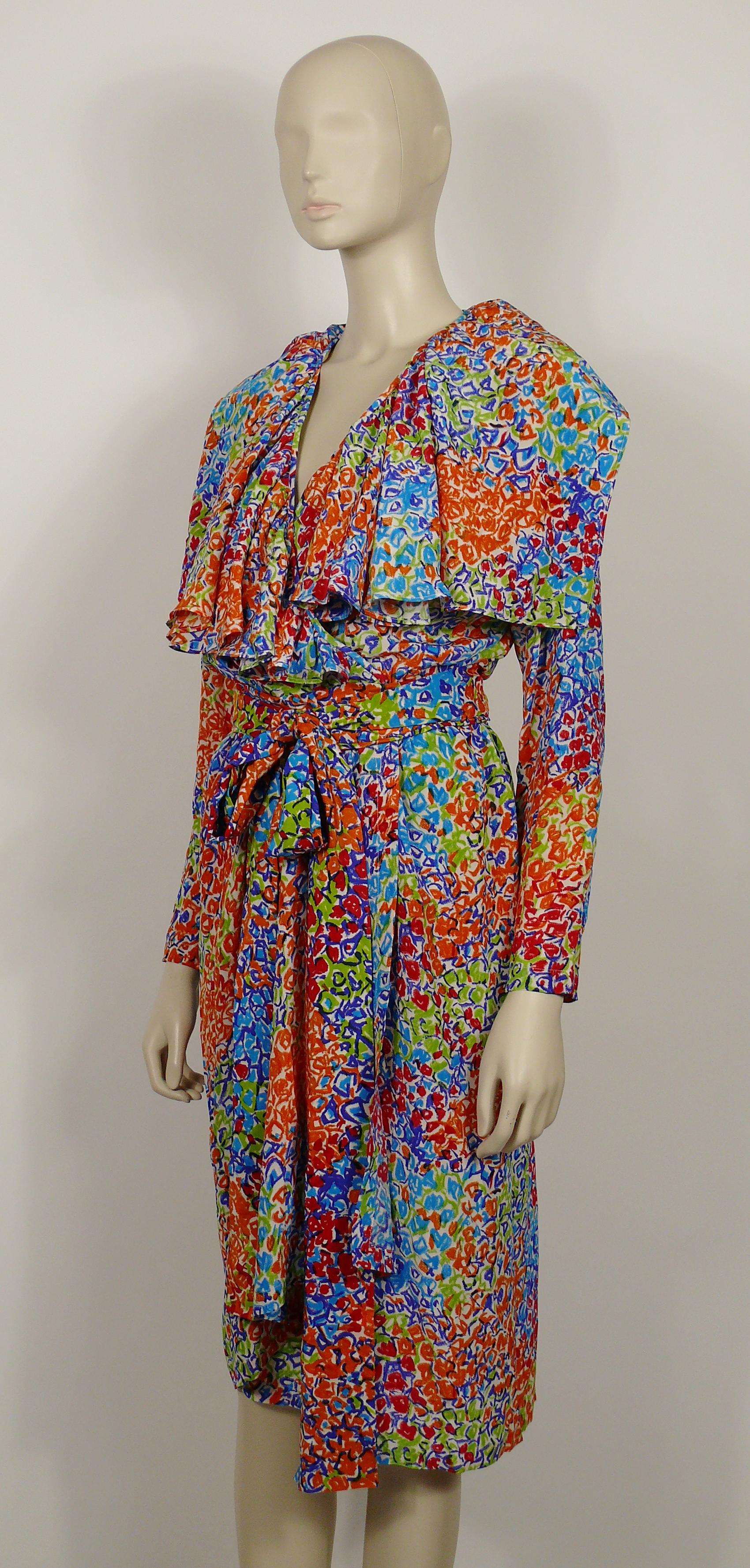 Yves Saint Laurent YSL Vintage S/S 1989 Abstract Floral Print Wrap Dress In Excellent Condition For Sale In Nice, FR