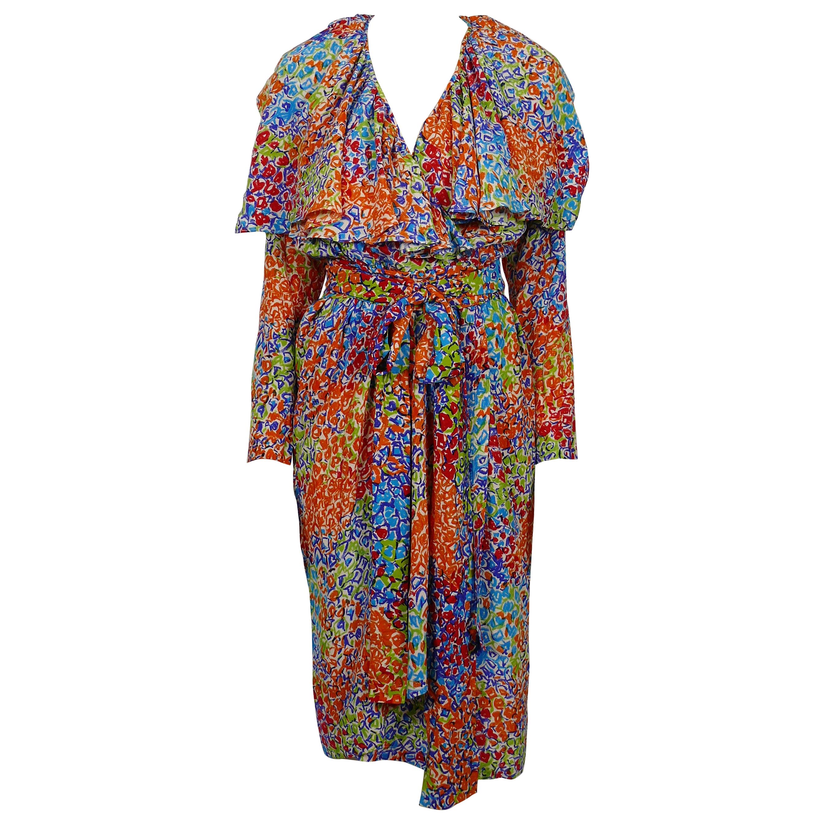 Yves Saint Laurent YSL Vintage S/S 1989 Abstract Floral Print Wrap Dress