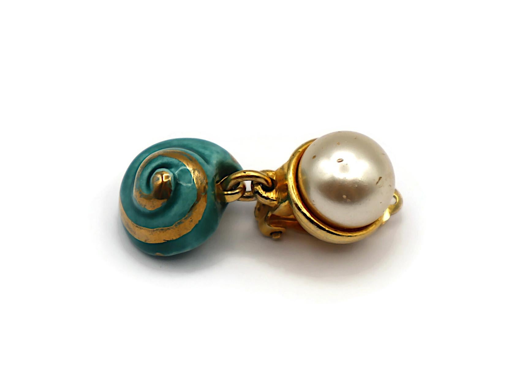 YVES SAINT LAURENT YSL Vintage Seashell & Pearl Dangle Earrings For Sale 2