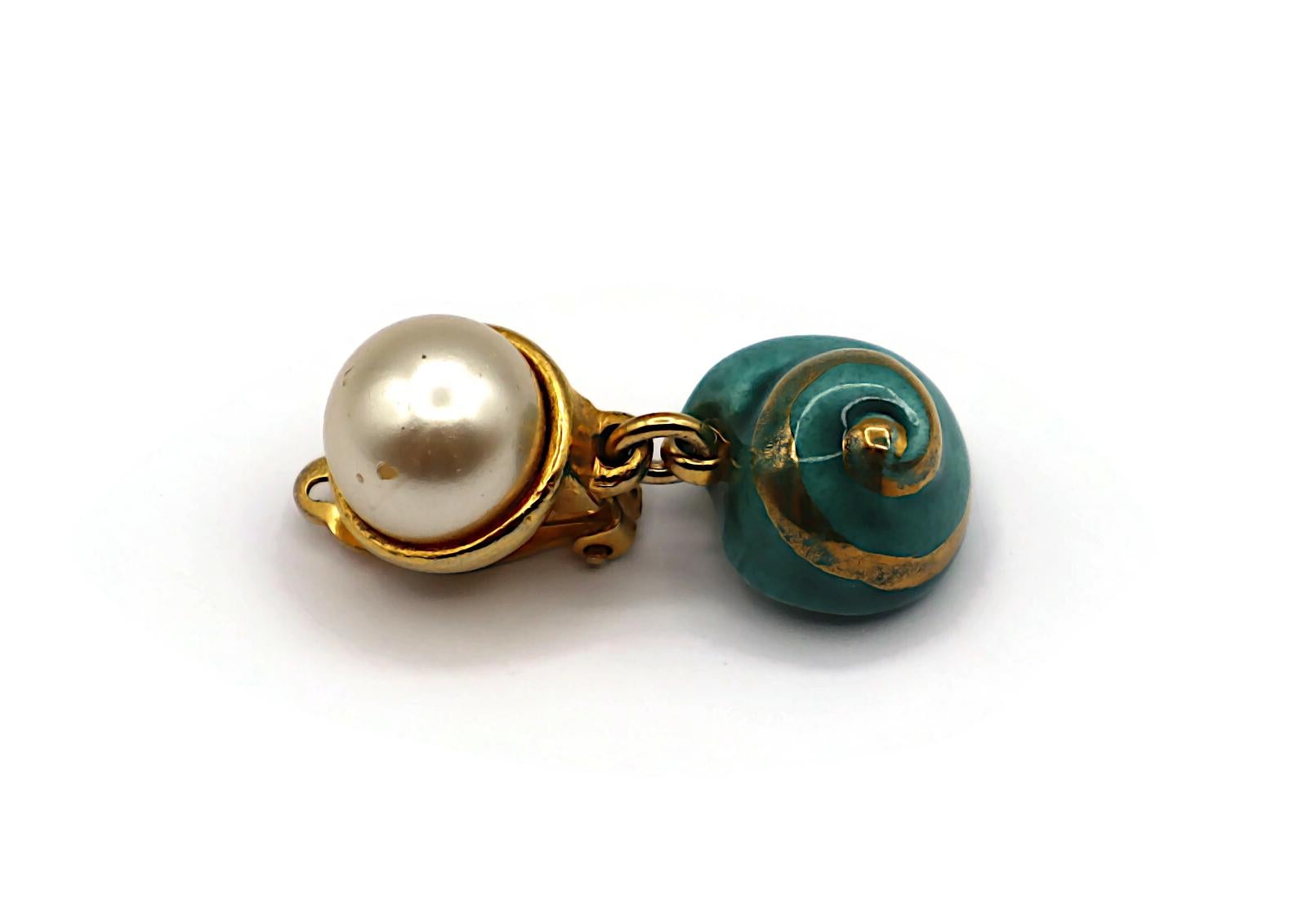 YVES SAINT LAURENT YSL Vintage Seashell & Pearl Dangle Earrings For Sale 5