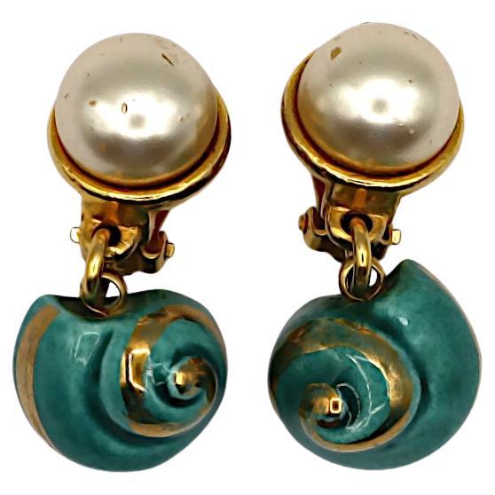 YVES SAINT LAURENT YSL Vintage Seashell & Pearl Dangle Earrings For Sale