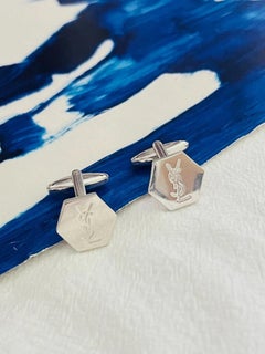 Yves Saint Laurent YSL Vintage Silver Iconic Hallmark Monogram Hexagon Cufflinks