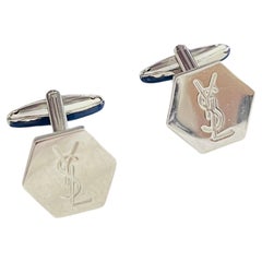 Yves Saint Laurent YSL Vintage Silver Iconic Hallmark Monogram Hexagon Cufflinks