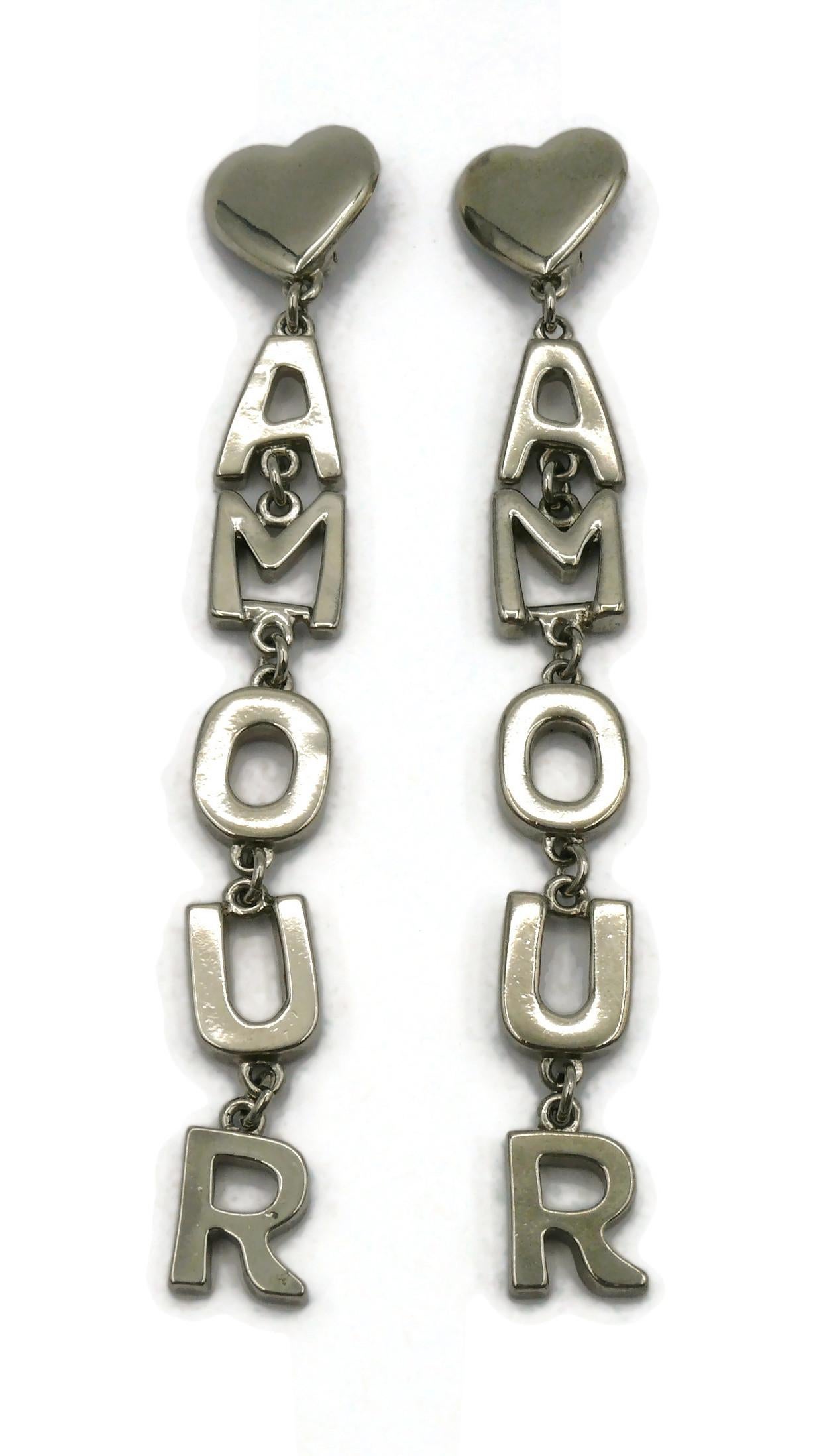 Women's YVES SAINT LAURENT YSL Vintage Silver Tone AMOUR Dangling Earrings For Sale