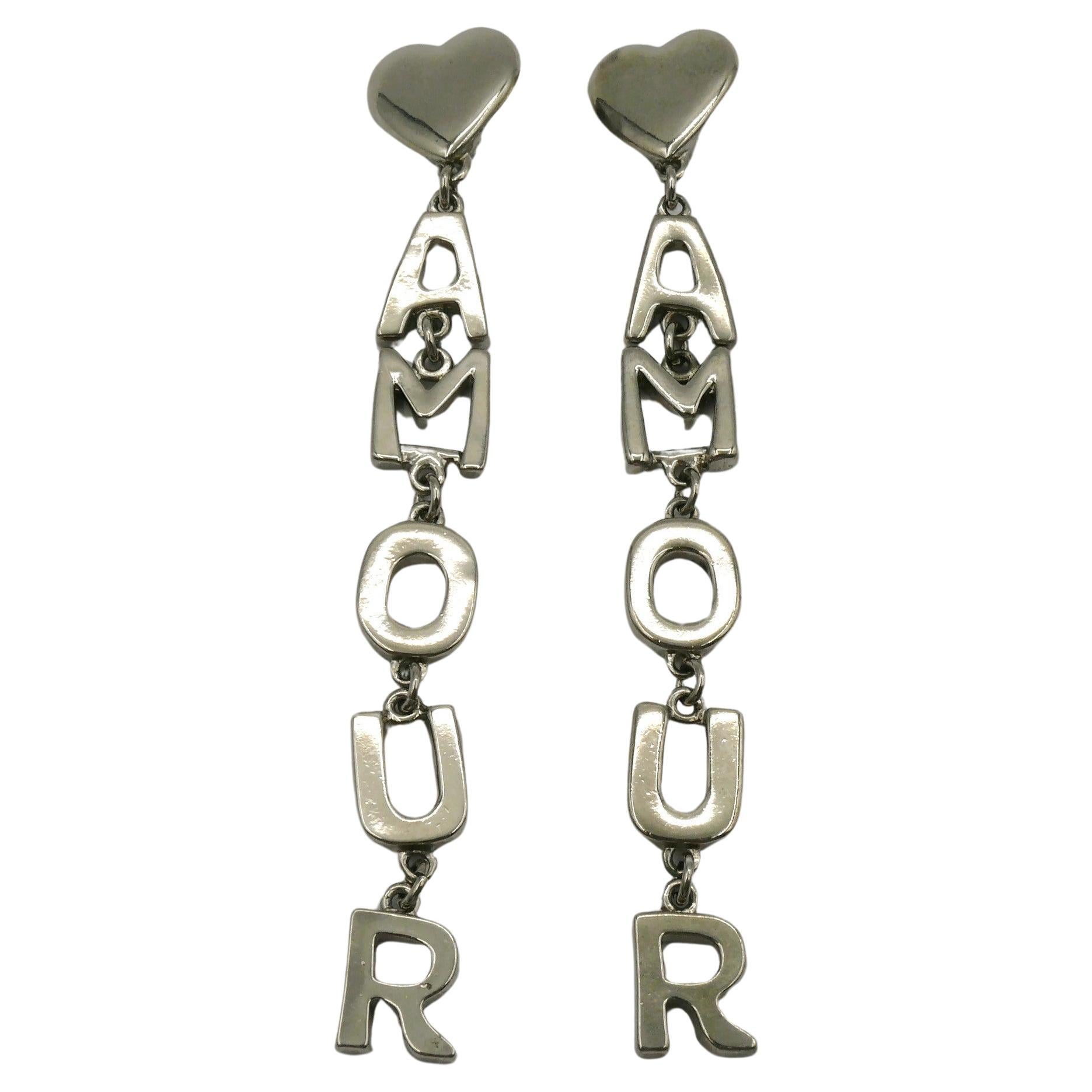 YVES SAINT LAURENT YSL Vintage Silver Tone AMOUR Dangling Earrings For Sale