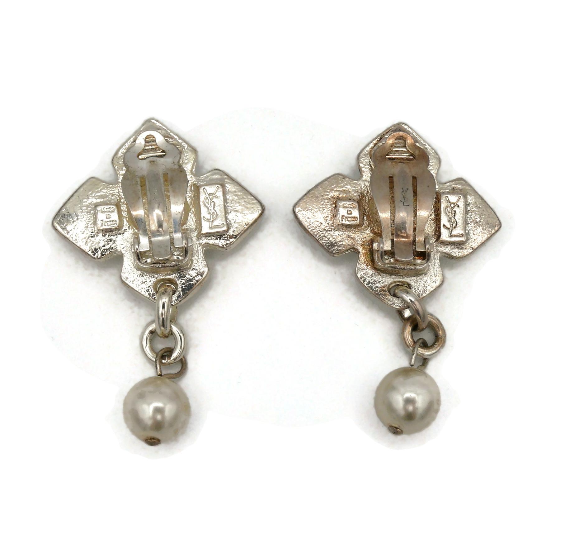 Women's YVES SAINT LAURENT YSL Vintage Silver Tone and Pearl Dangling Earrings For Sale