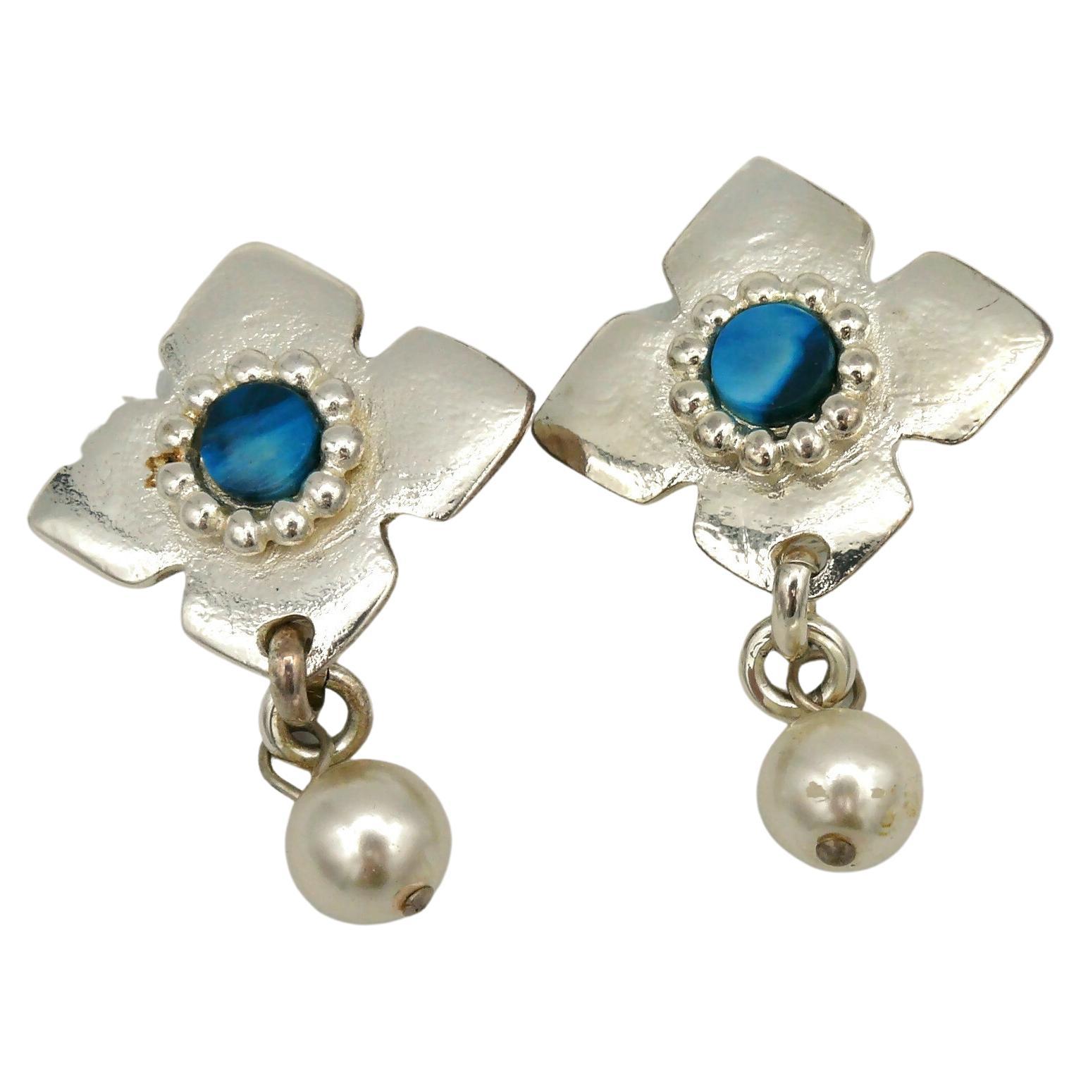 YVES SAINT LAURENT YSL Vintage Silver Tone and Pearl Dangling Earrings For Sale