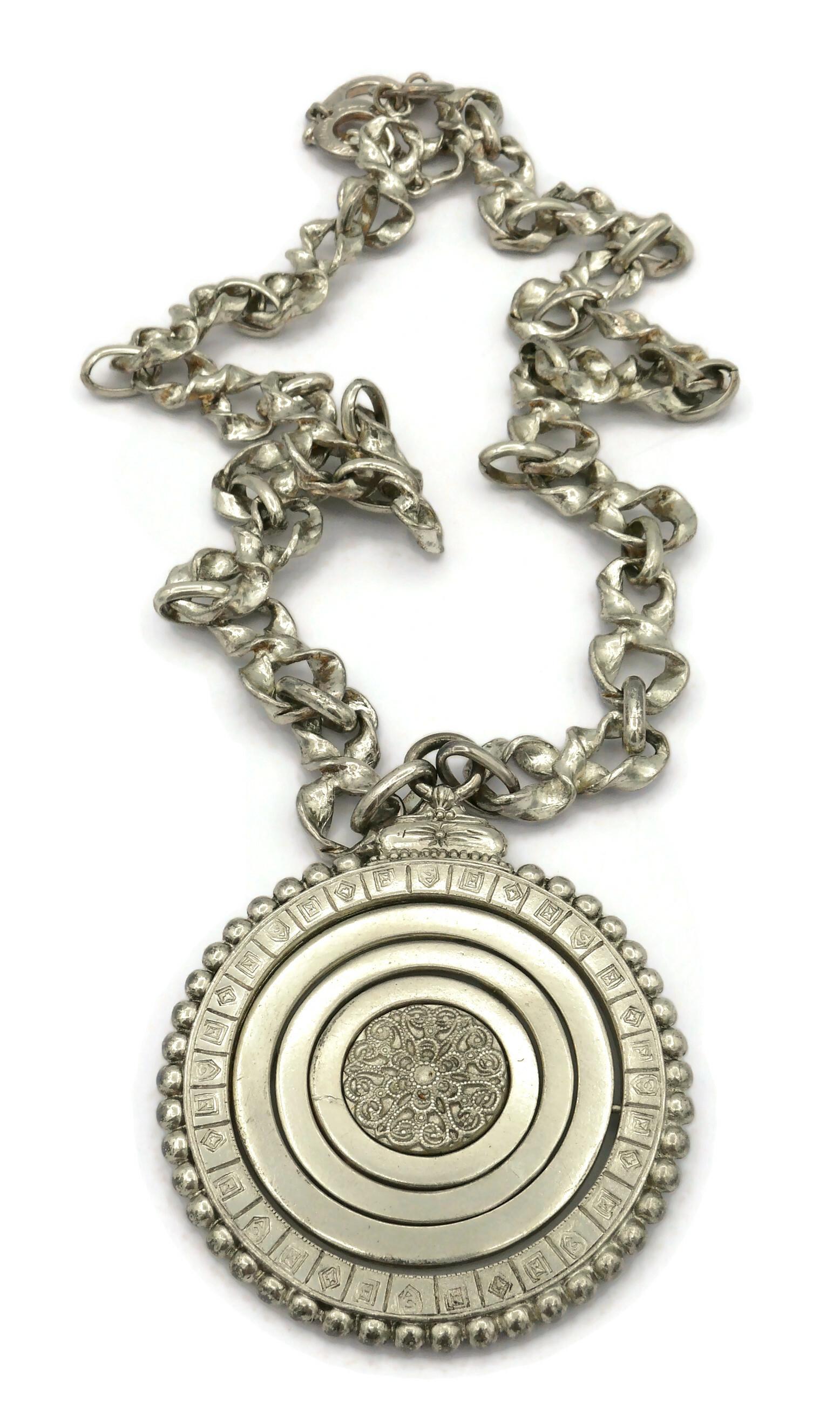 YVES SAINT LAURENT YSL Vintage Silver Tone Armillary Sphere Pendant Necklace 7