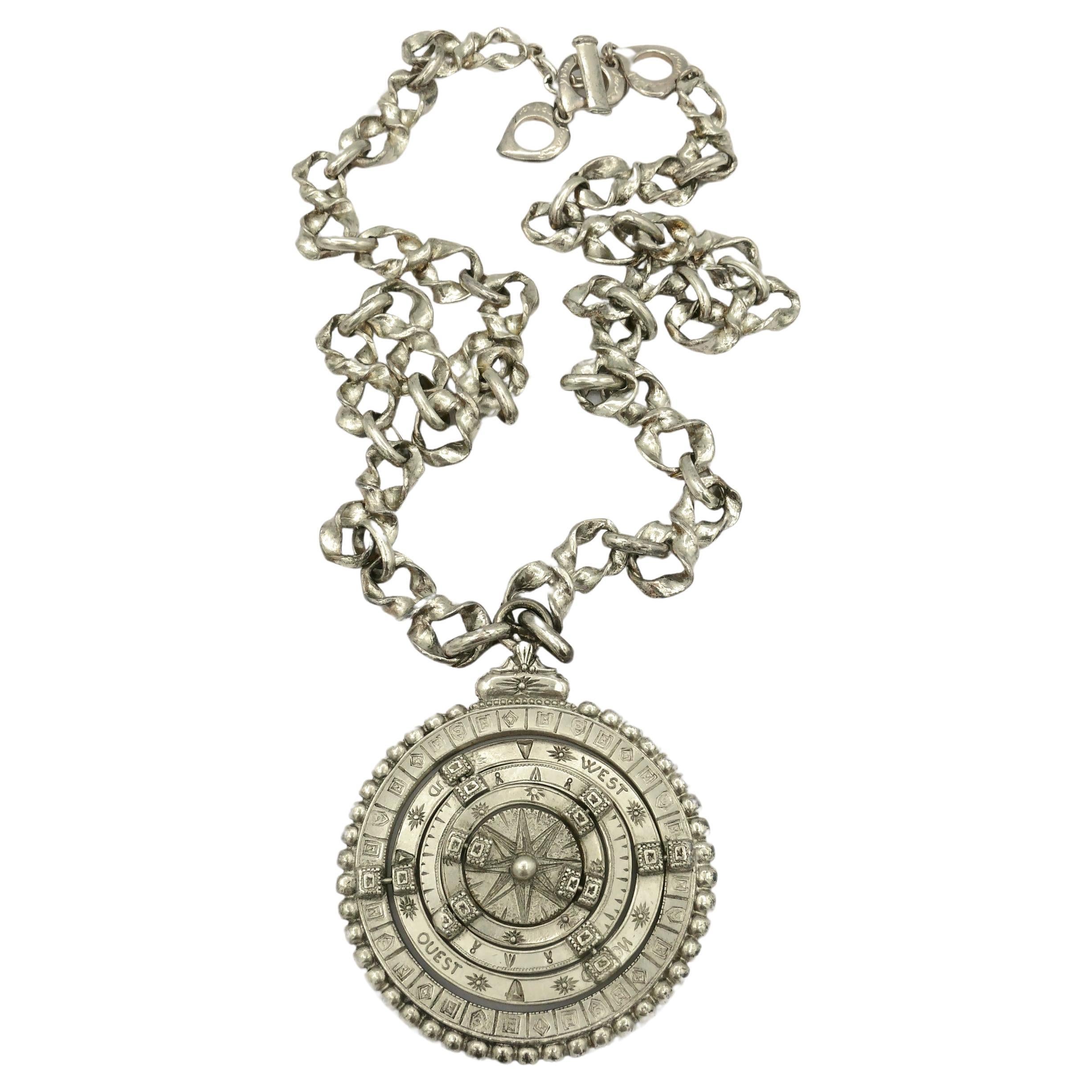 YVES SAINT LAURENT YSL Vintage Silver Tone Armillary Sphere Pendant Necklace