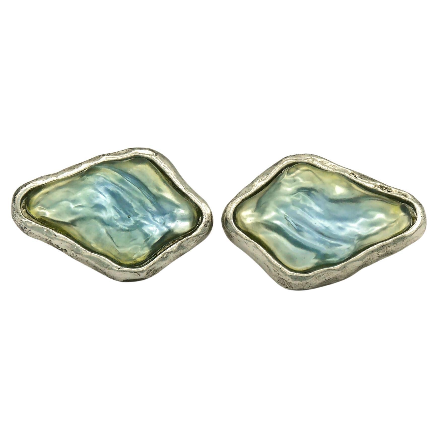 YVES SAINT LAURENT YSL Vintage Silver Tone Clear Blue Resin Clip-On Earrings For Sale
